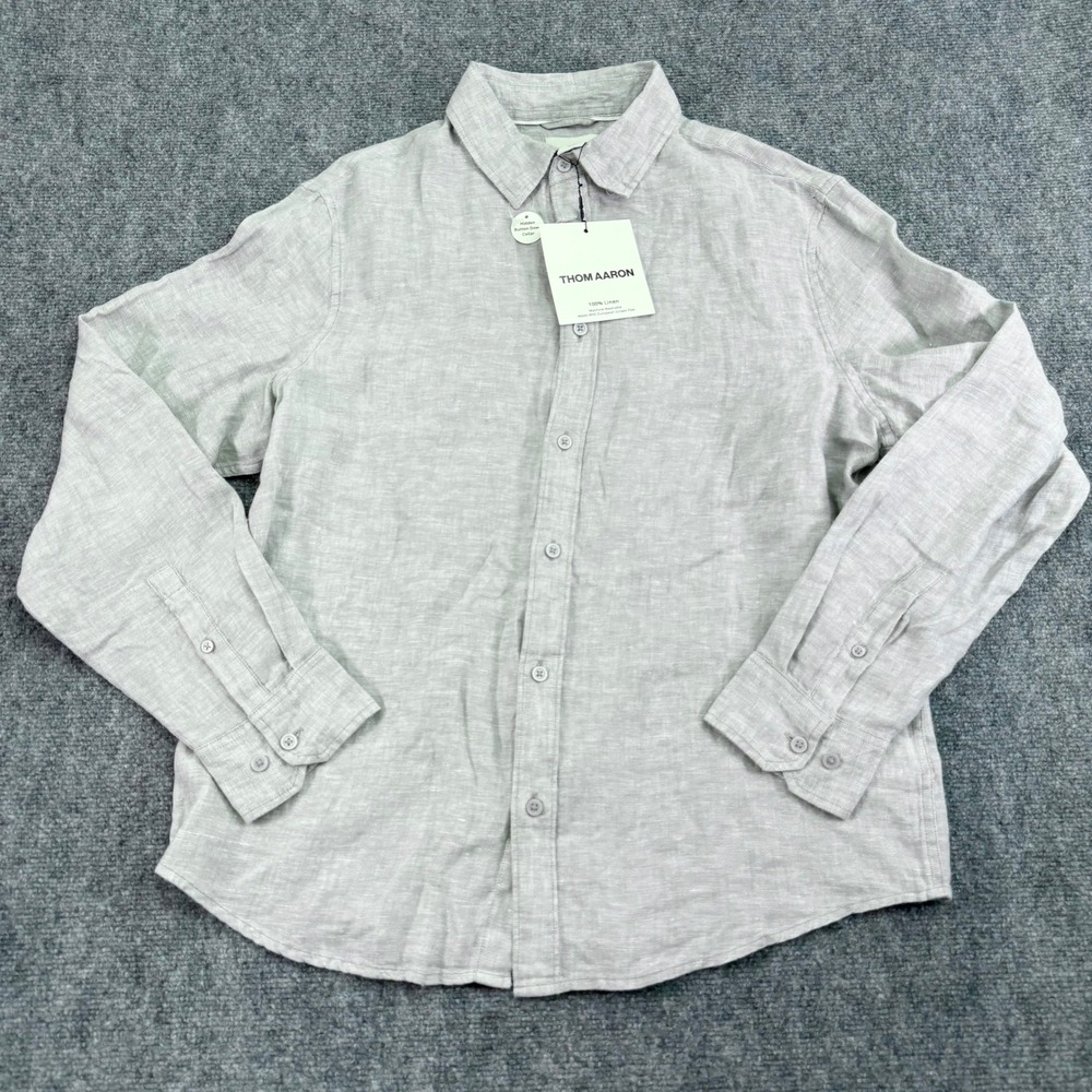Thom Aaron Shirt Mens Large Light Gray 100% Linen Hidden Button Down‎ Collar